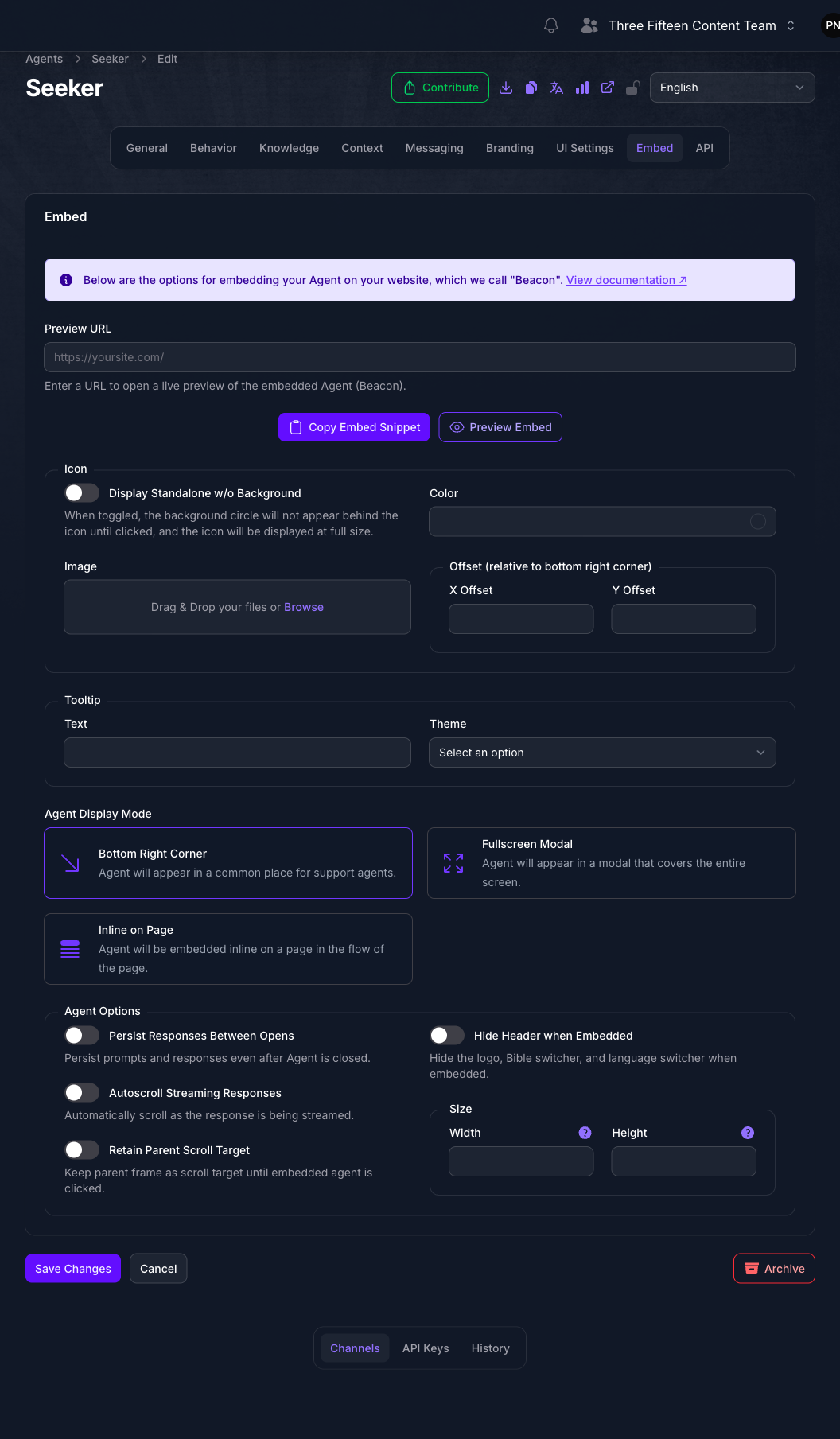 The Embed page for the Seeker Agent in Console, showing the Preview URL field, the Copy Embed Snippet and Preview Embed buttons, the Icon and Tooltip sections, the Agent Display Mode cards with Bottom Right Corner selected, and the Agent Options section.