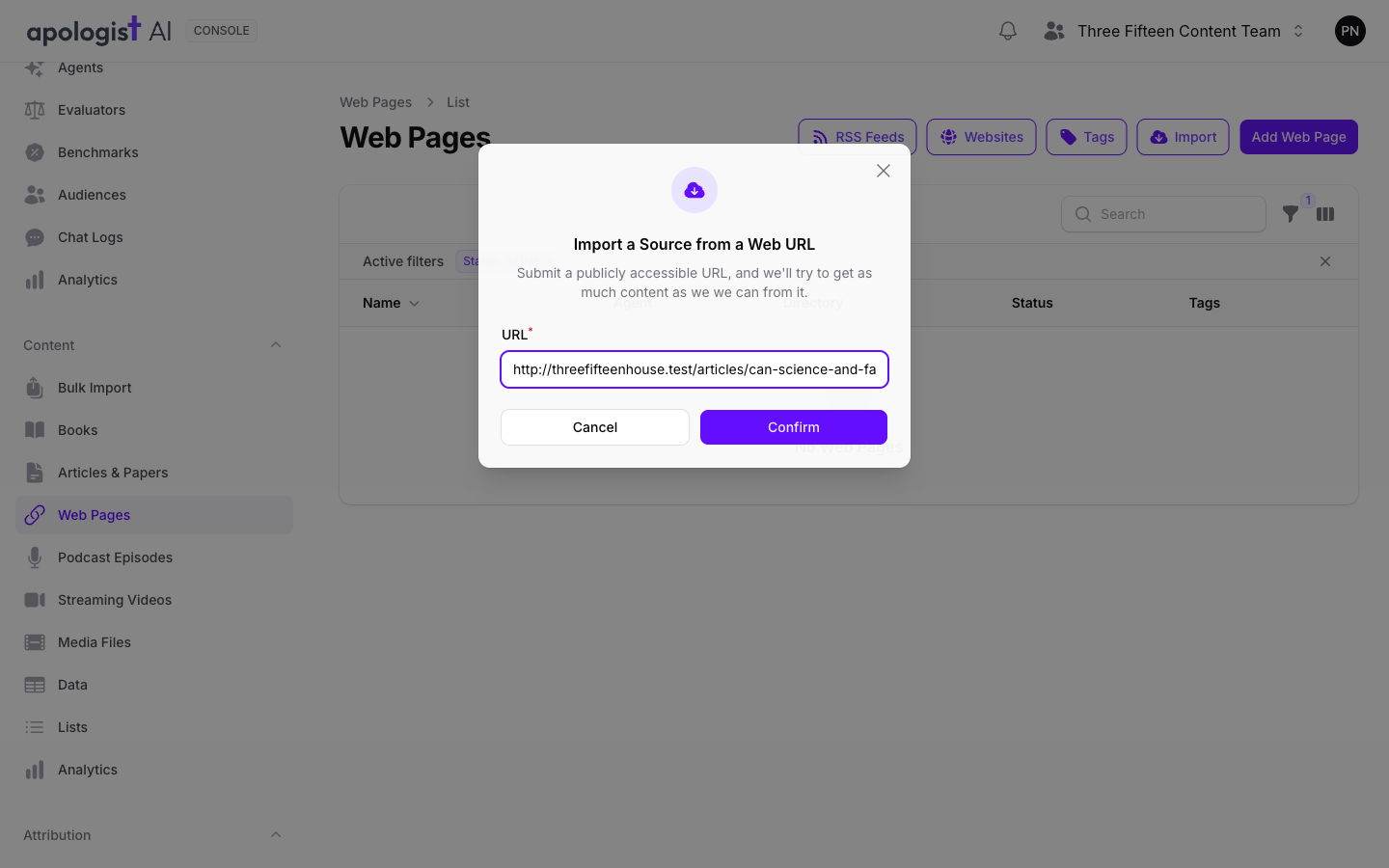 The Web Pages list in Console with the Import a Source from a Web URL dialog open over it, a web page address entered in the URL field, and Cancel and Confirm buttons.