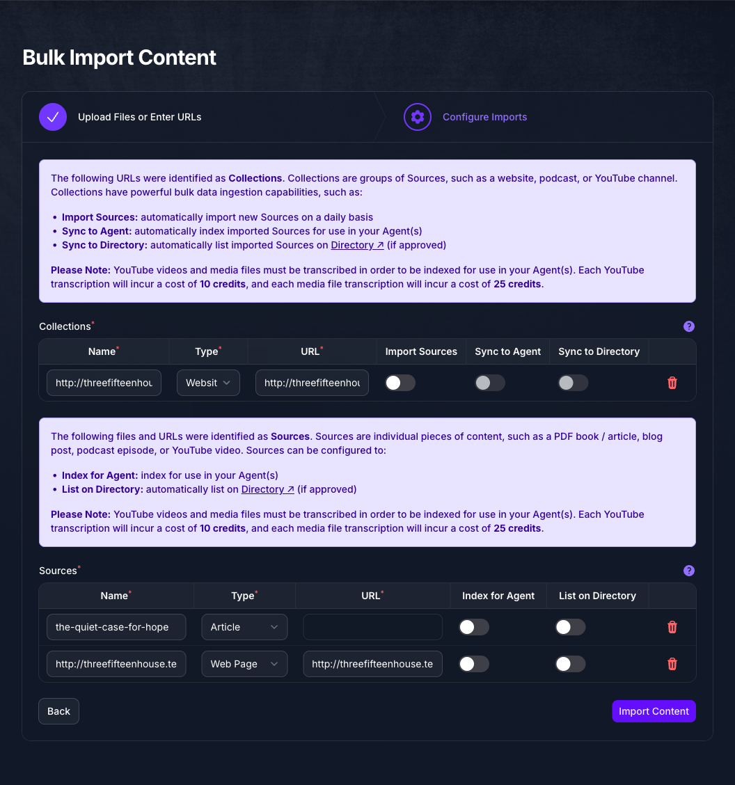 The Configure Imports step of Bulk Import in Console, with a Collections table holding one website offering Import Sources, Sync to Agent and Sync to Directory, and a Sources table holding a plain text file typed as Article and a web page, each offering Index for Agent and List on Directory, all turned off.