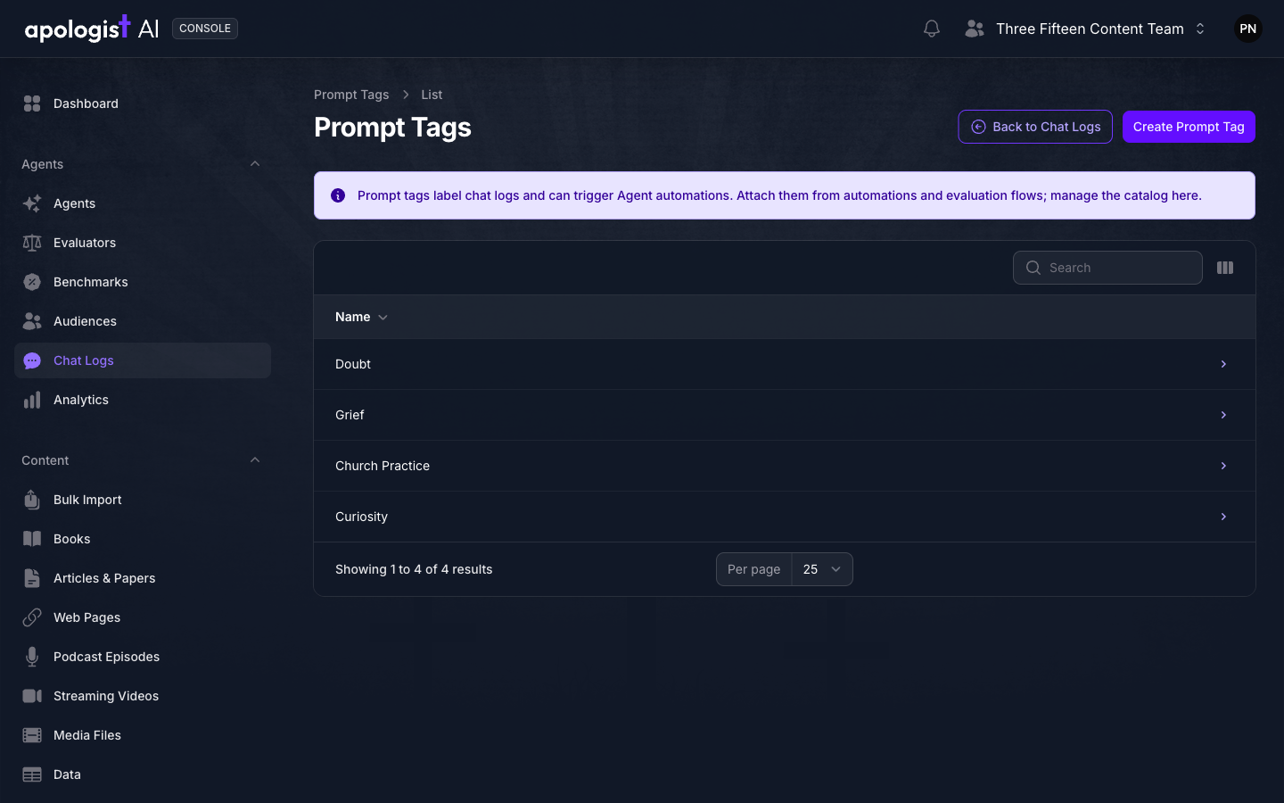 The Prompt Tags screen in Console, reached from Chat Logs, listing the Doubt, Grief, Church Practice and Curiosity tags above a Create Prompt Tag button.