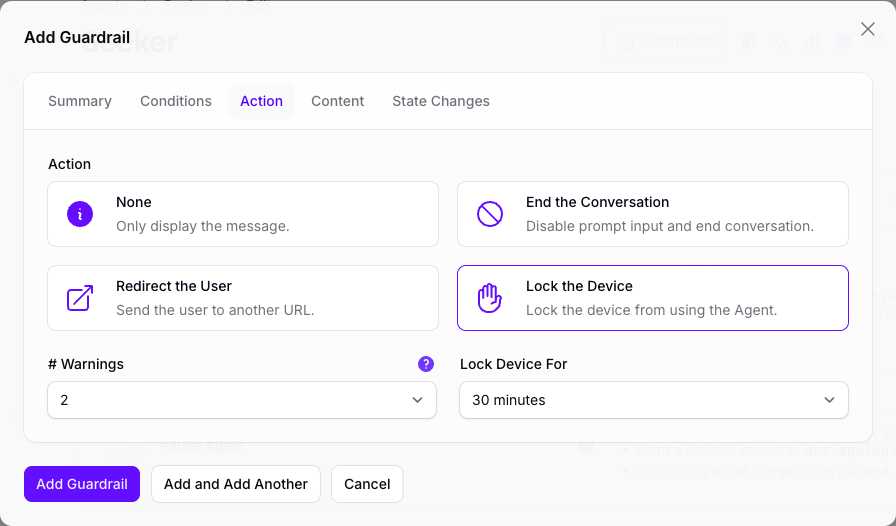 The Action tab of the Add Guardrail dialog in Console with Lock the Device selected among None, End the Conversation, and Redirect the User, revealing a Lock Device For duration of 30 minutes beside the warning count.