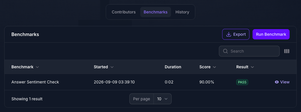 The Benchmarks panel on a Source in Console showing one completed run and the Run Benchmark button, with no questions listed.