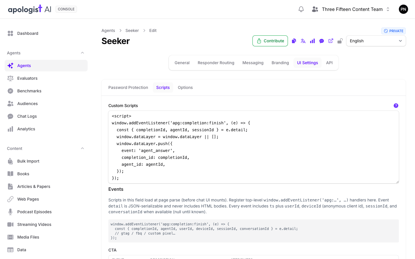 The Scripts tab of the Seeker Agent's UI Settings page in Console, with a tracking script in the Custom Scripts field and the start of the Events reference below it.
