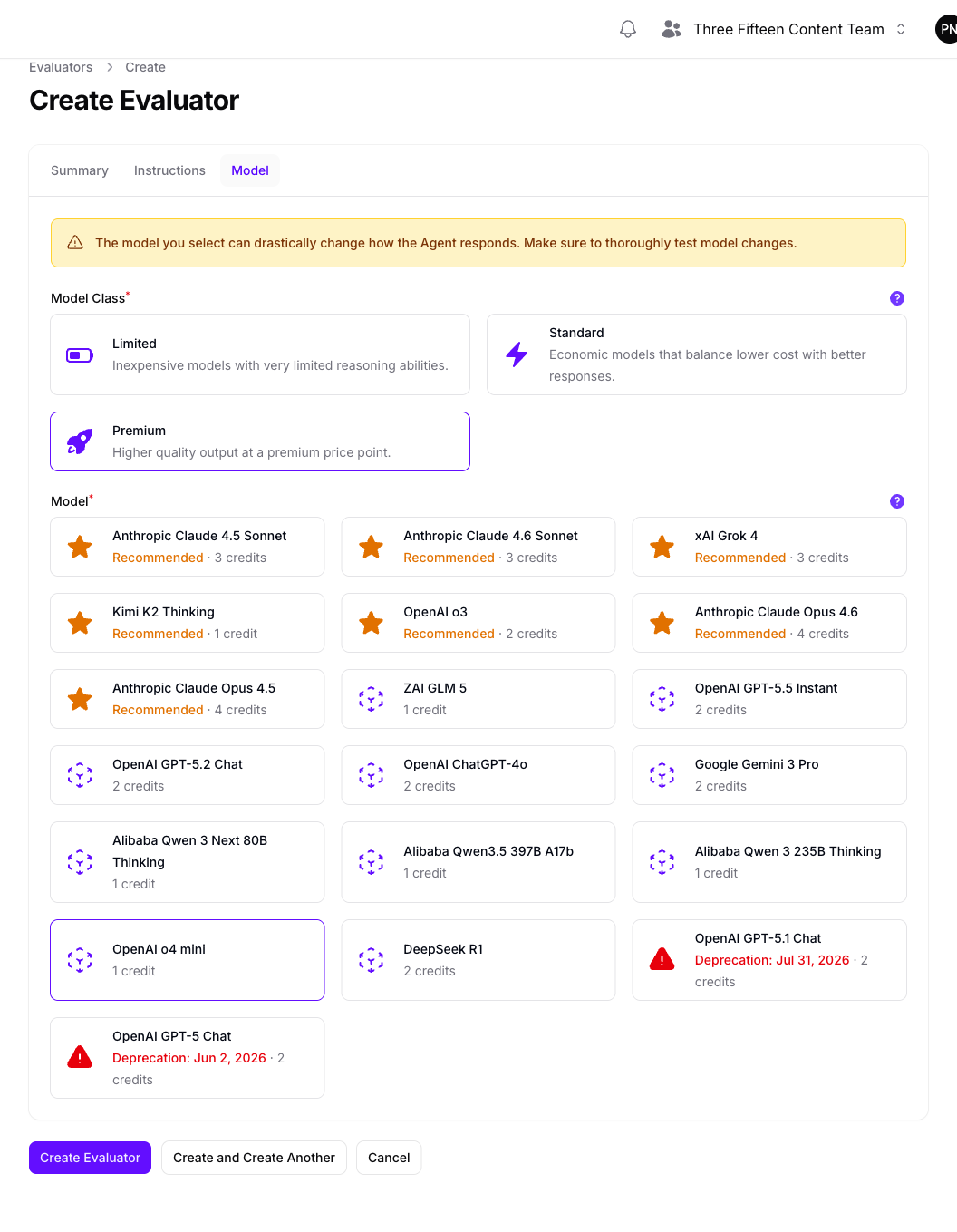 The Model tab of the Create Evaluator form in Console, with the Premium class chosen and a model selected below it, each model card showing a per-evaluation credit cost.