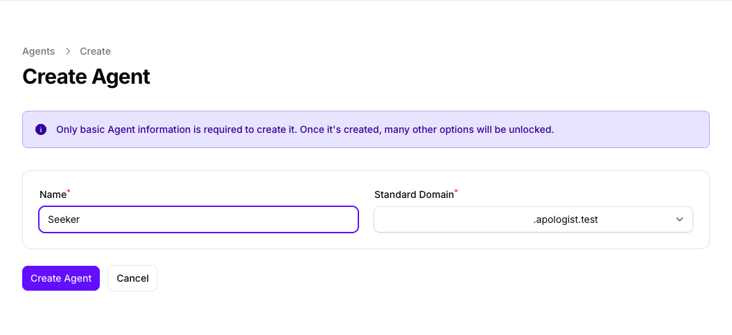 The Create Agent form with the Name field filled in with Seeker.