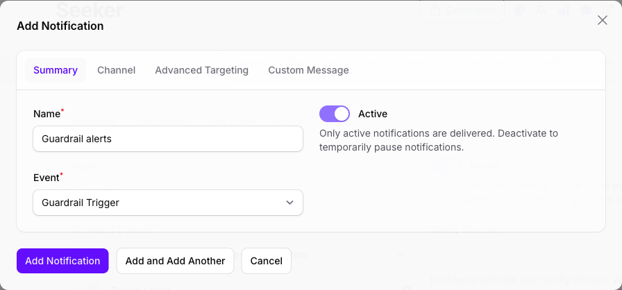 The Add Notification dialog in Console on its Summary tab, with the Name filled in as Guardrail alerts, the Active toggle on, and the Event set to Guardrail Trigger.