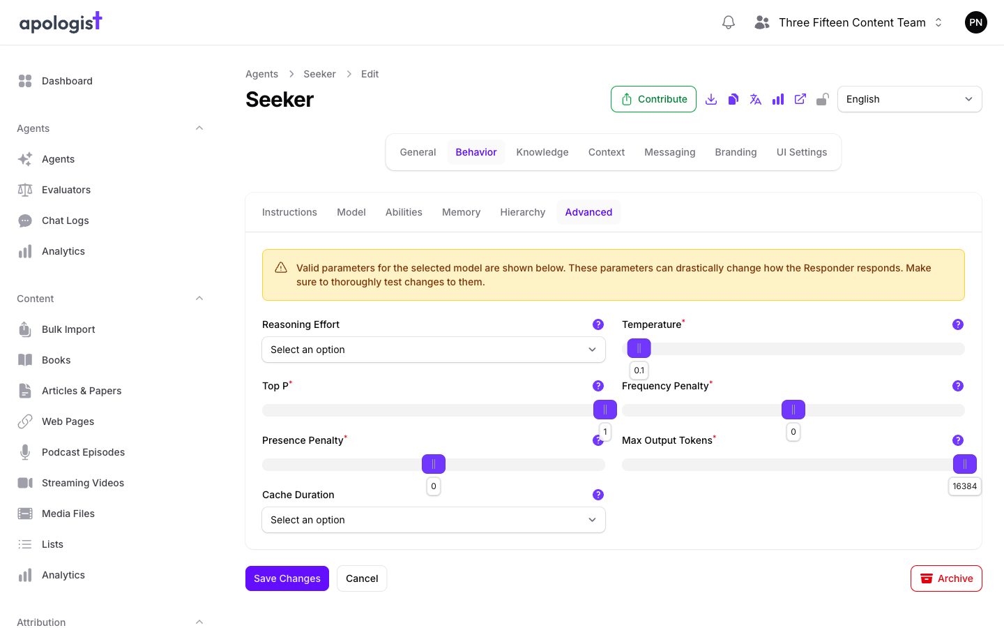 The Advanced tab of the Seeker Agent's Behavior page in Console, showing the tuning controls supported by its selected model, including Max Output Tokens and Cache Duration.