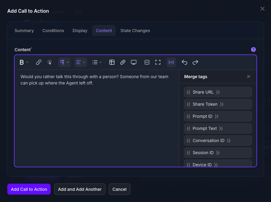 The Content tab of the Add Call to Action dialog in Console, with the handoff wording in the rich text editor and the Merge tags panel open beside it listing Share URL, Share Token, Prompt ID, Prompt Text, Conversation ID, Session ID, and Device ID.