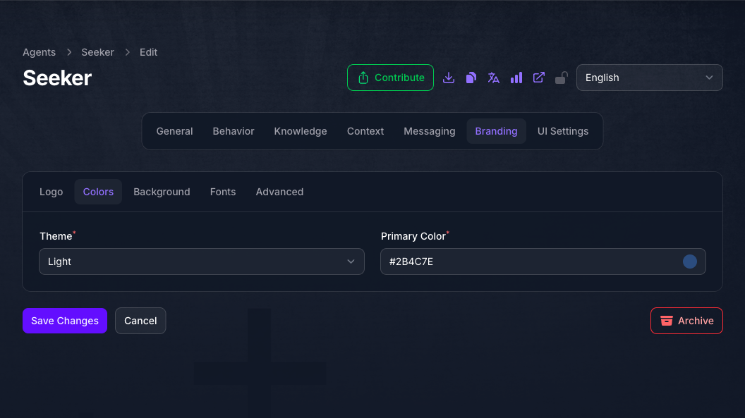 The Colors tab of the Seeker Agent's Branding page in Console, showing a Theme selector set to Light and a Primary Color swatch set to a deep blue.