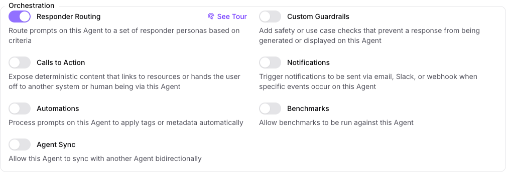 The Orchestration group on the Capabilities tab of the Seeker Agent's General page in Console, with Responder Routing turned on above Custom Guardrails, Calls to Action, Notifications, Automations, Benchmarks, and Agent Sync.