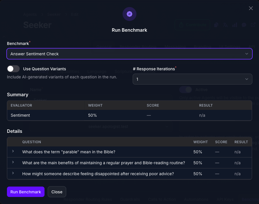 The Run Benchmark dialog on the Seeker Agent in Console with Answer Sentiment Check selected, Use Question Variants off, # Response Iterations set to 1, and a summary listing the Sentiment evaluator and three questions.