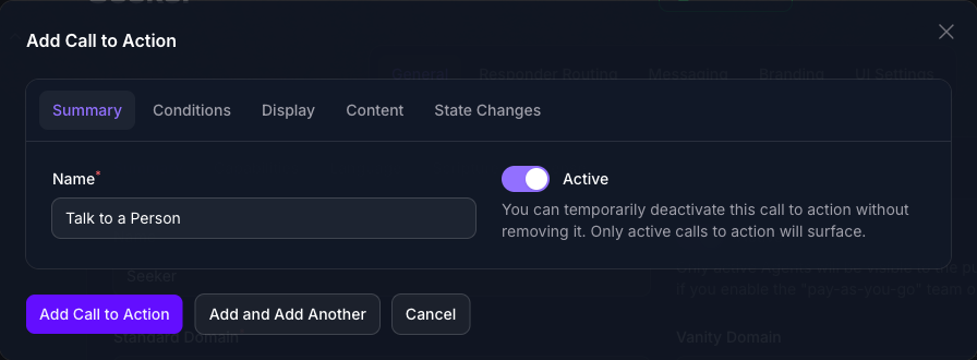 The Add Call to Action dialog in Console on its Summary tab, with the Name filled in as Talk to a Person and the Active toggle turned on, above the Add Call to Action, Add and Add Another, and Cancel buttons.