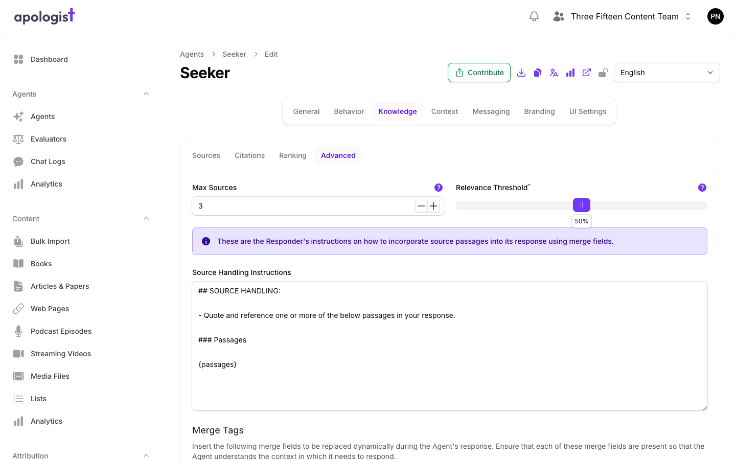 The Advanced tab of the Seeker Agent's Knowledge page in Console, showing Max Sources set to 3, a Relevance Threshold slider at 50 percent, and a Source Handling Instructions field containing a SOURCE HANDLING block ending in the passages merge tag.