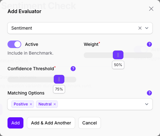 The Add Evaluator dialog on a Benchmark in Console, with the Sentiment evaluator selected, Active on, Weight at 50%, Confidence Threshold at 75%, and Positive and Neutral chosen under Matching Options.