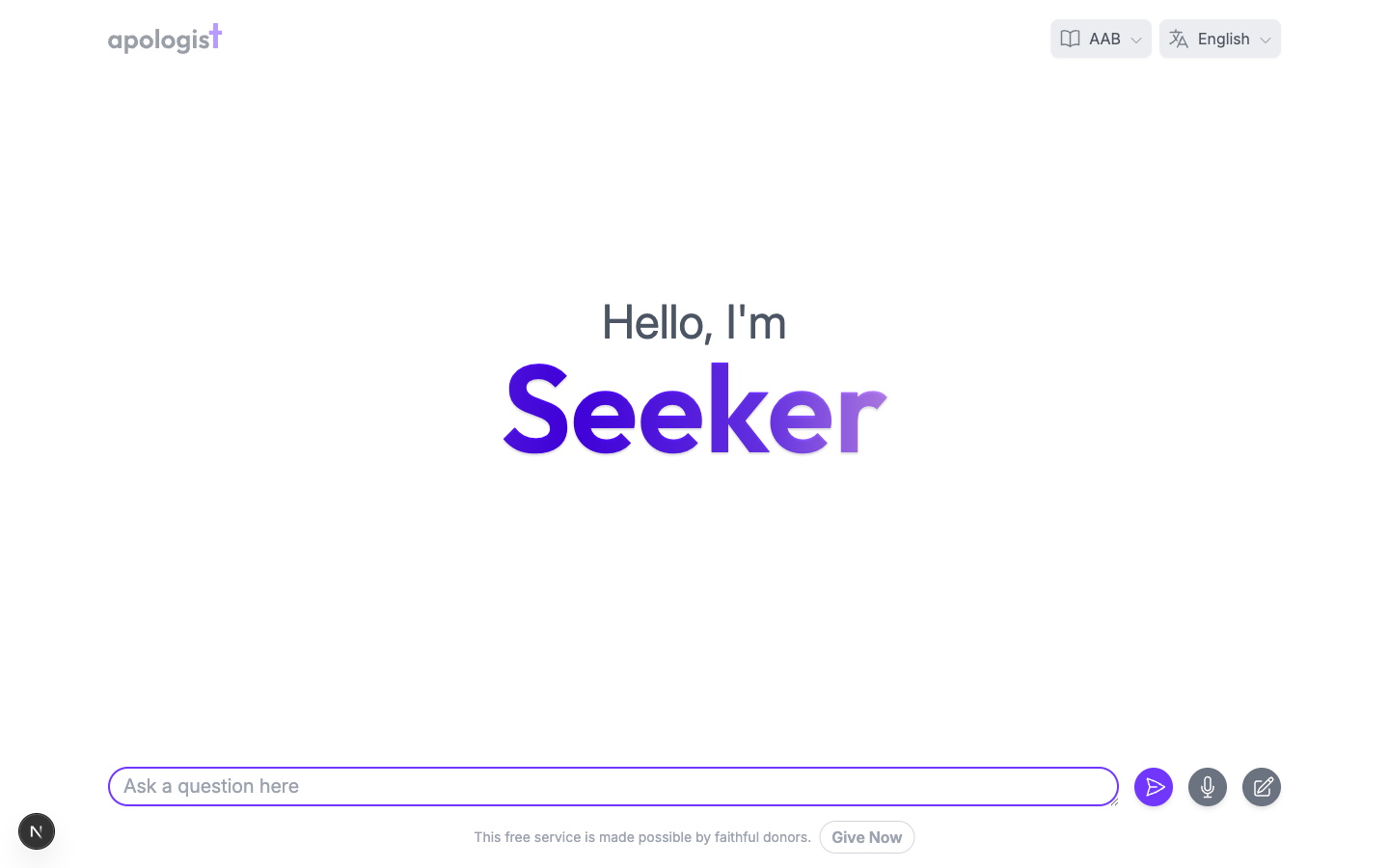 The newly created Seeker Agent running at its own URL, showing a Hello, I'm Seeker greeting, a Bible translation selector, a language selector, and an Ask a question here prompt box.