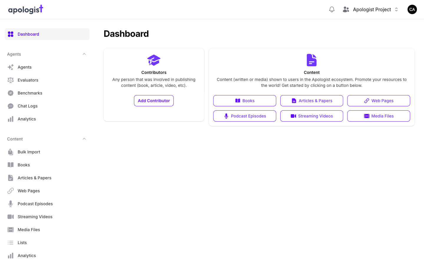 Apologist AI Console Dashboard after signing in, with Agents, Content, and Attribution sections in the left-hand navigation.