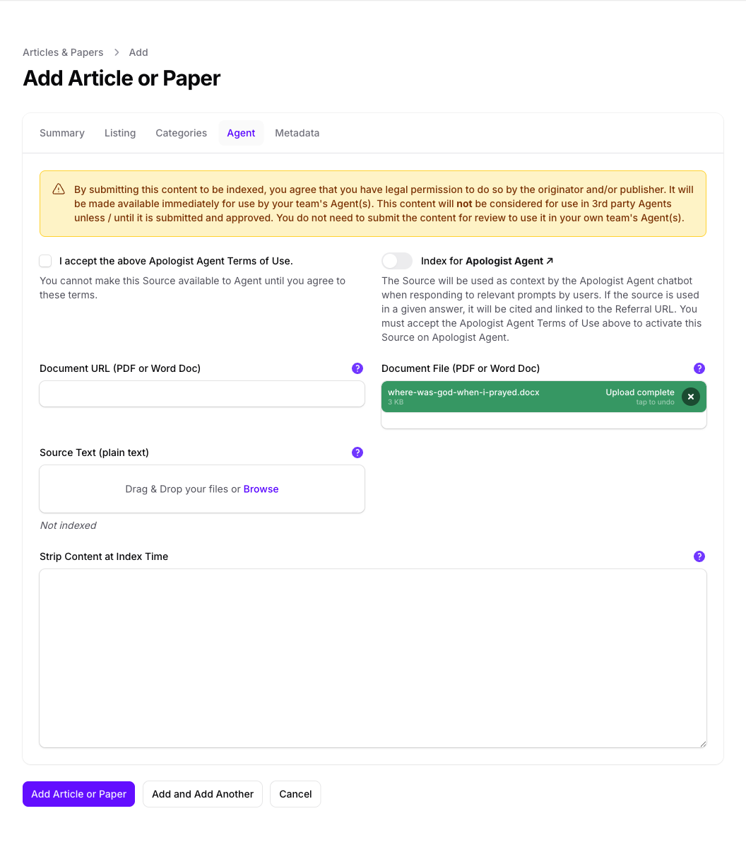 The Agent tab of the Add Article or Paper form in Console, showing the permission notice, the unticked Apologist Agent Terms of Use checkbox, Index for Apologist Agent turned off, an empty Document URL field, a Word document uploaded to Document File, and an empty Source Text field.