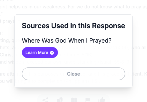 The Sources Used in this Response dialog on the Seeker Agent, listing the article Where Was God When I Prayed? with a Learn More button, above a Close button.