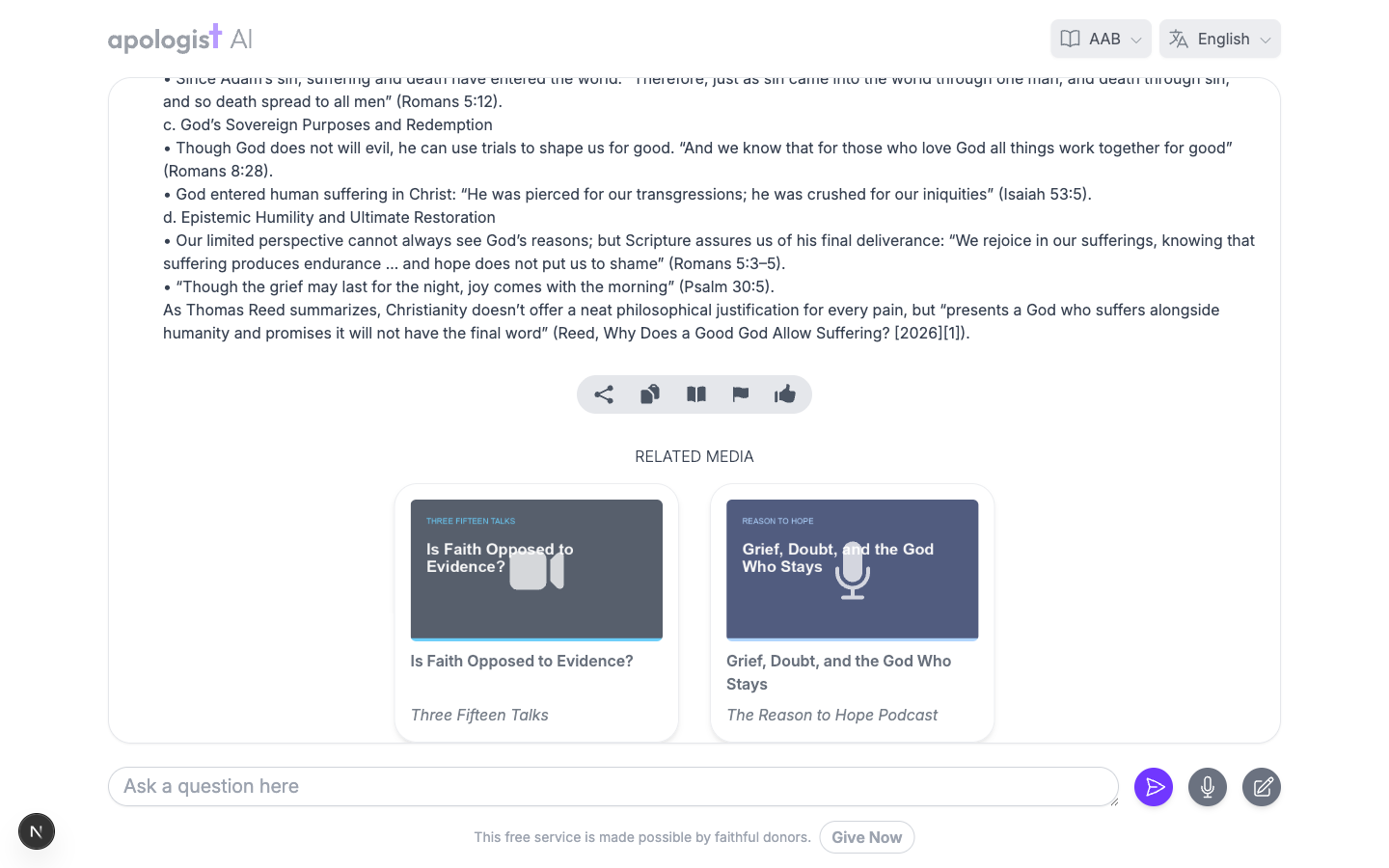 The Seeker Agent at its own address, showing a Related Media row below an answer with two cards, a video from Three Fifteen Talks and a podcast episode from The Reason to Hope Podcast.