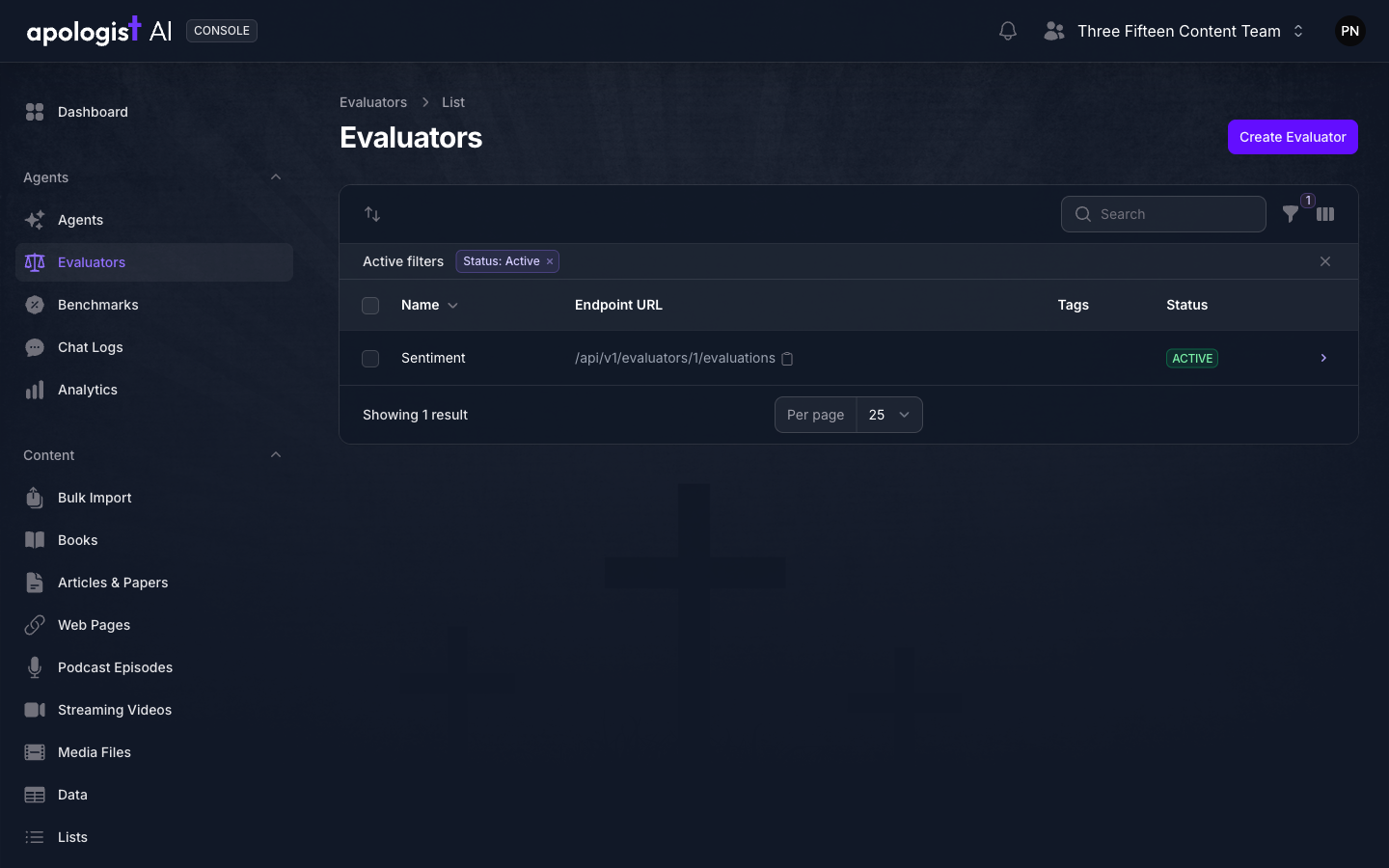 The Evaluators list in Console under the Agents group, showing the saved Sentiment evaluator with its endpoint URL, an empty Tags column, and a status of Active.
