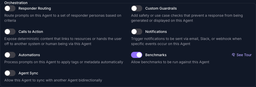 The Orchestration group on the Capabilities tab of the Seeker Agent's General page in Console, with Benchmarks turned on and every other capability in the group turned off.