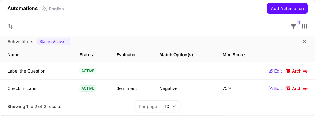 The Automations panel on the Seeker Agent's General page in Console, listing Label the Question with no evaluator above Check In Later with its Sentiment evaluator, Negative match option and 75% minimum score, both active.