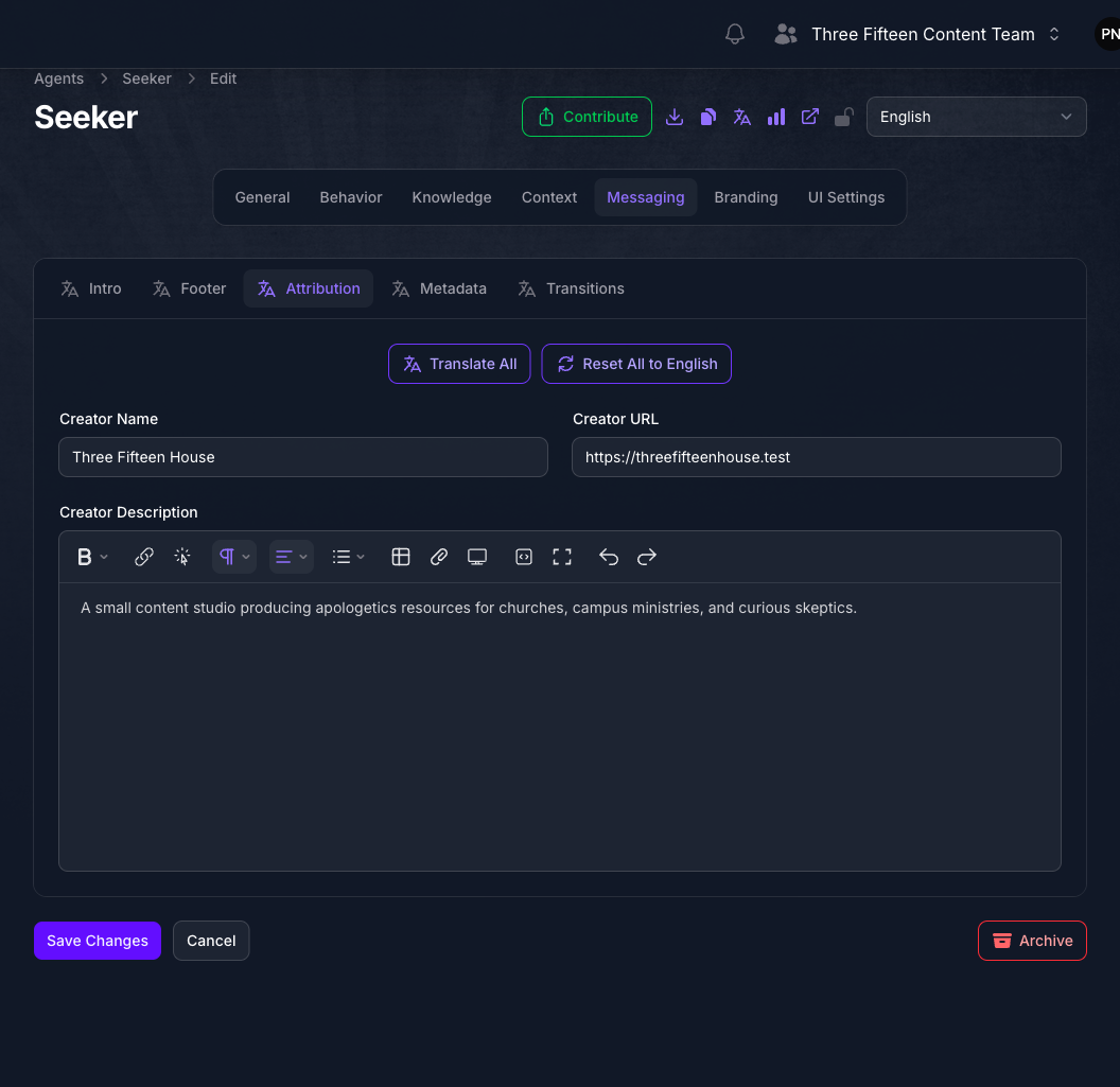 The Attribution tab of the Seeker Agent's Messaging page in Console, showing Creator Name, Creator URL, and a rich text Creator Description filled in.