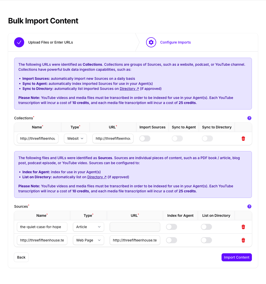The Configure Imports step of Bulk Import in Console, with a Collections table holding one website offering Import Sources, Sync to Agent and Sync to Directory, and a Sources table holding a plain text file typed as Article and a web page, each offering Index for Agent and List on Directory, all turned off.