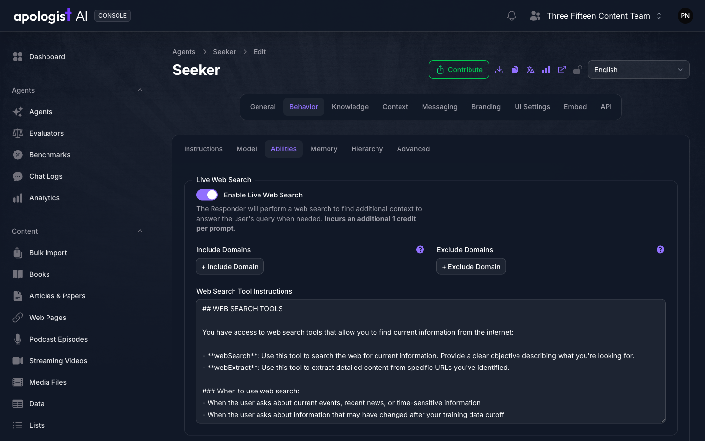 The Abilities tab of the Seeker Agent's Behavior page in Console with Enable Live Web Search turned on, showing Include Domains and Exclude Domains repeaters and a Web Search Tool Instructions field filled with the default WEB SEARCH TOOLS text.