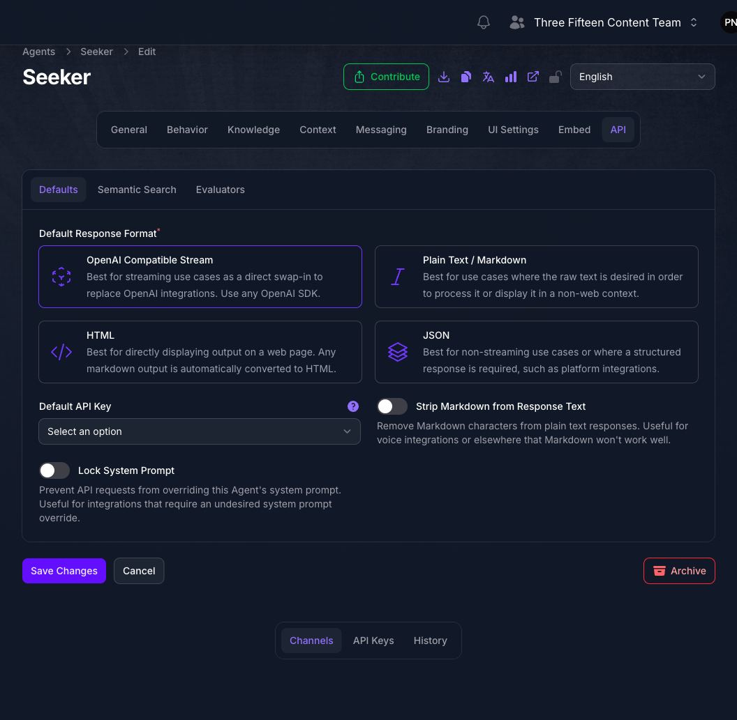 The Defaults tab of the Seeker Agent's API page in Console, showing the Default Response Format cards with OpenAI Compatible Stream selected, an unset Default API Key field, and the Strip Markdown from Response Text and Lock System Prompt toggles both off.