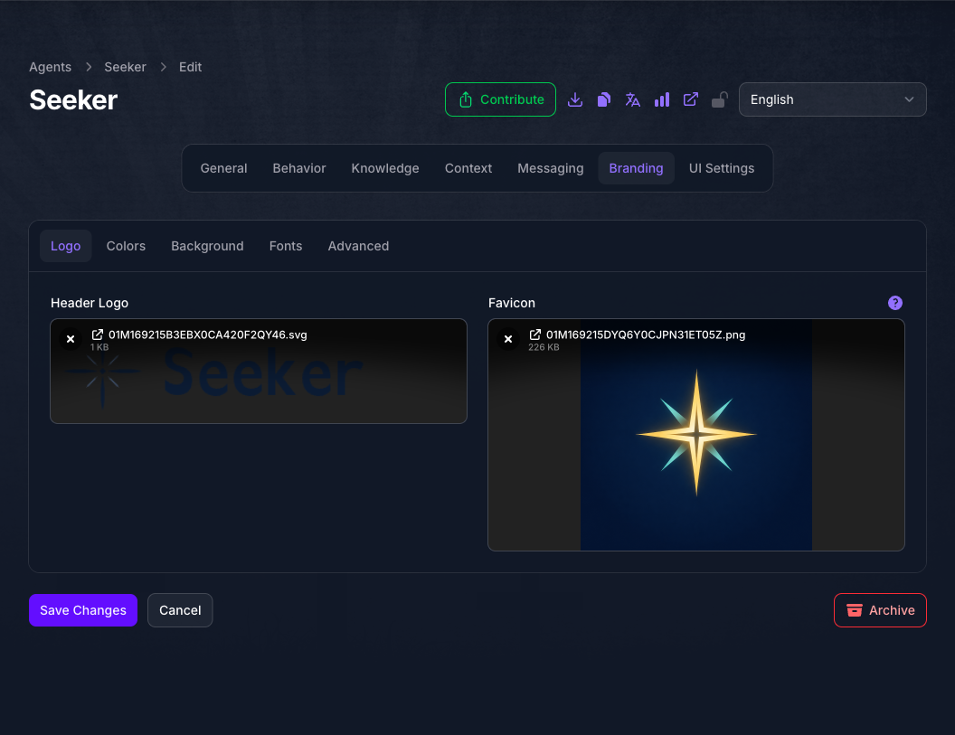 The Logo tab of the Seeker Agent's Branding page in Console, showing an uploaded Header Logo and Favicon each displayed as a preview thumbnail.