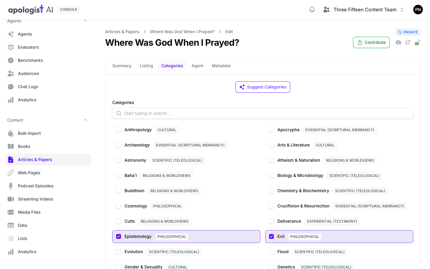 The Categories tab of the article Where Was God When I Prayed? in Console, with Suggest Categories above a searchable list of categories, each labelled with its broader heading, and Epistemology and Evil, both under Philosophical, ticked.