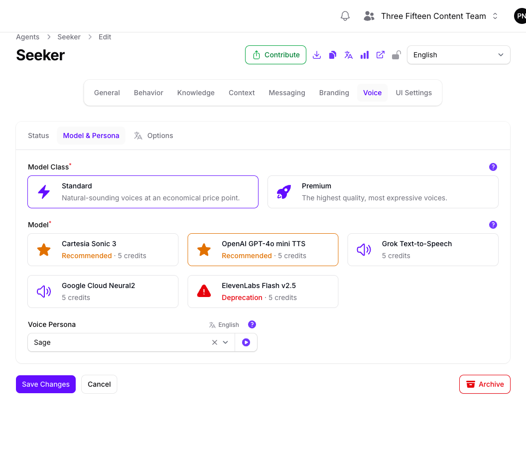The Model and Persona tab of the Seeker Agent's Voice page in Console, showing Model Class cards for Standard and Premium above model cards with their per-response credit cost, and a Voice Persona selector with a play control.