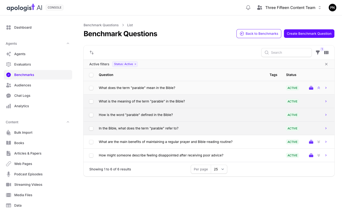 The Benchmark Questions list in Console with one question expanded to show three generated variants of it on shaded rows beneath.