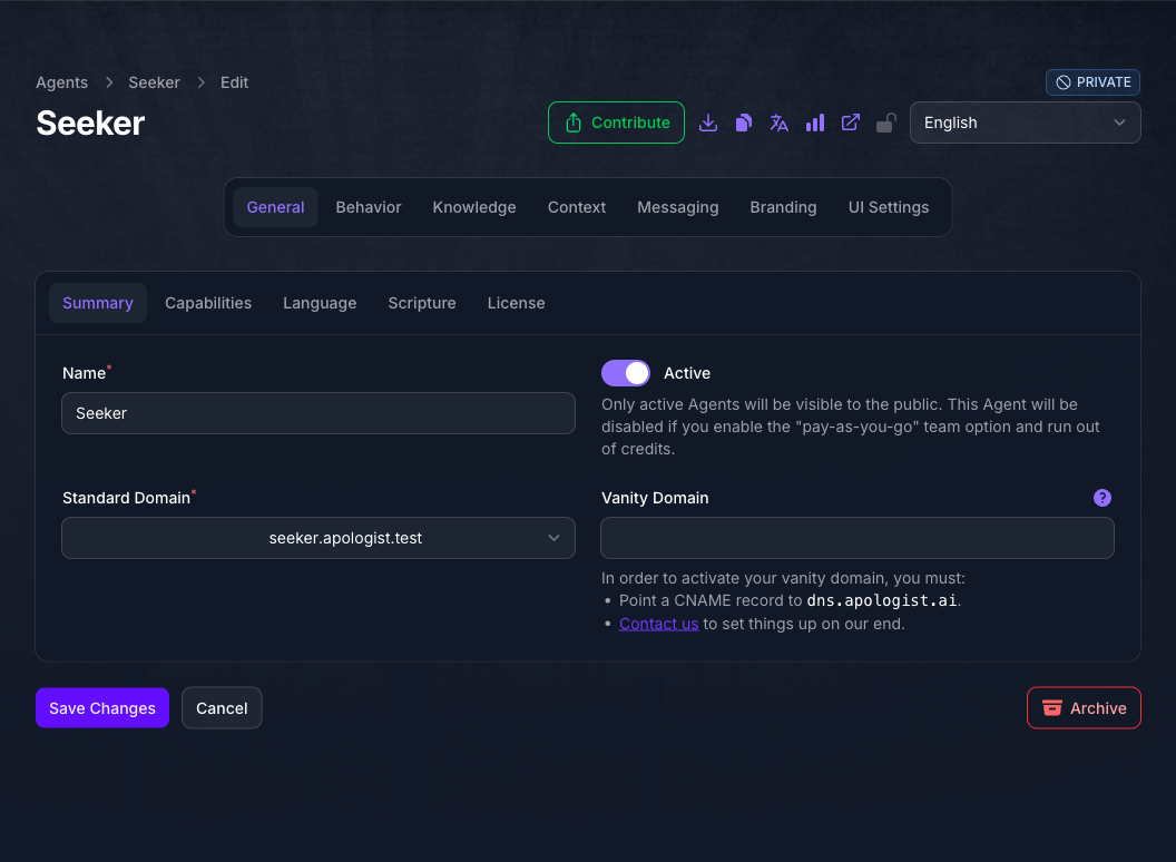 The Seeker Agent Summary tab after creation, showing the Name, the Standard Domain seeker.apologist.test, and the Active toggle enabled.