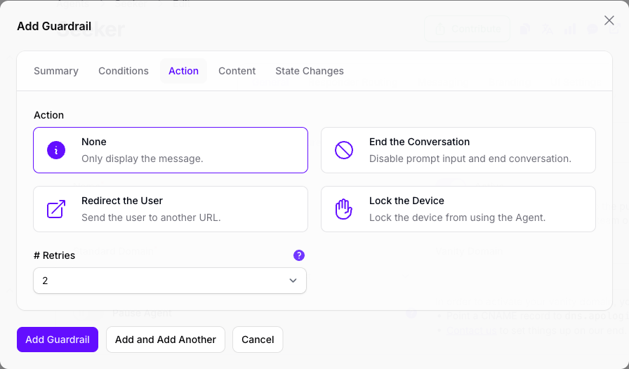 The Action tab of a second Add Guardrail dialog in Console with the Type set to Response, showing a retry count of two in place of the warning count and no lock duration.