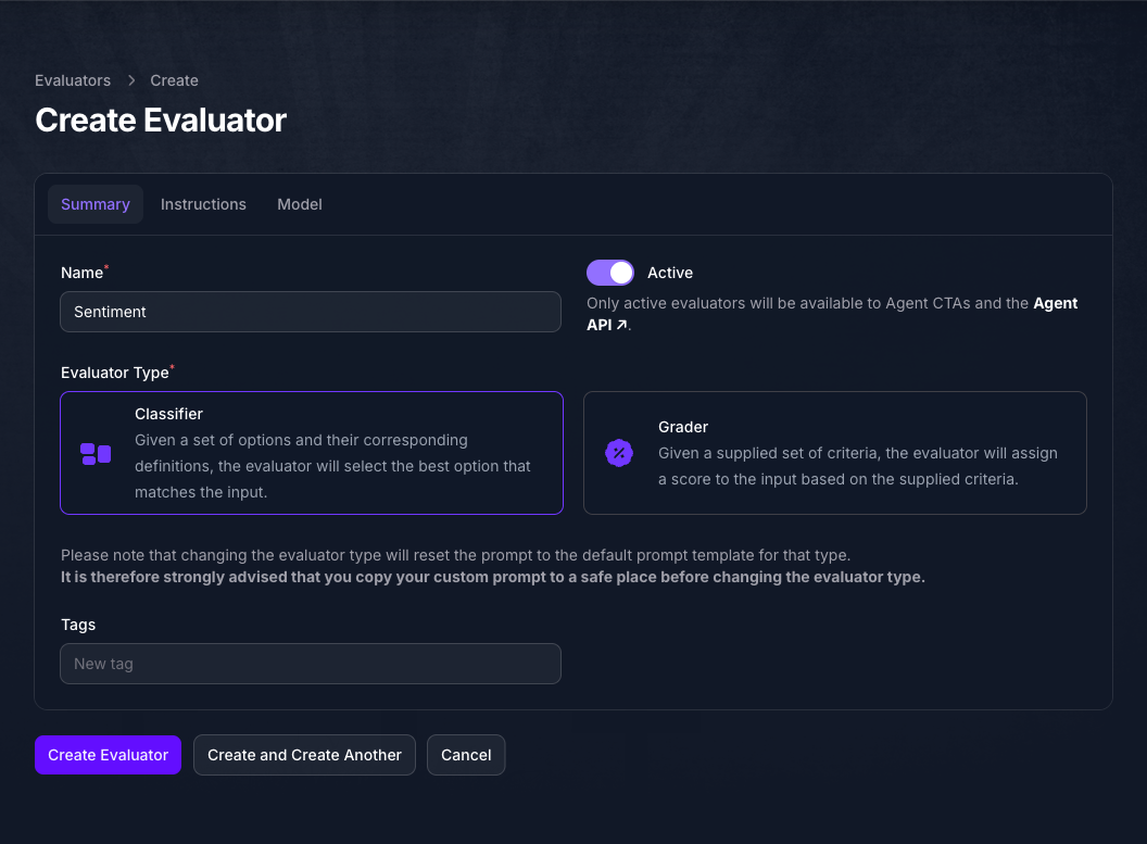 The Summary tab of the Create Evaluator form in Console, with the Name filled in as Sentiment, the Active toggle turned on, and Classifier selected between the Classifier and Grader cards.