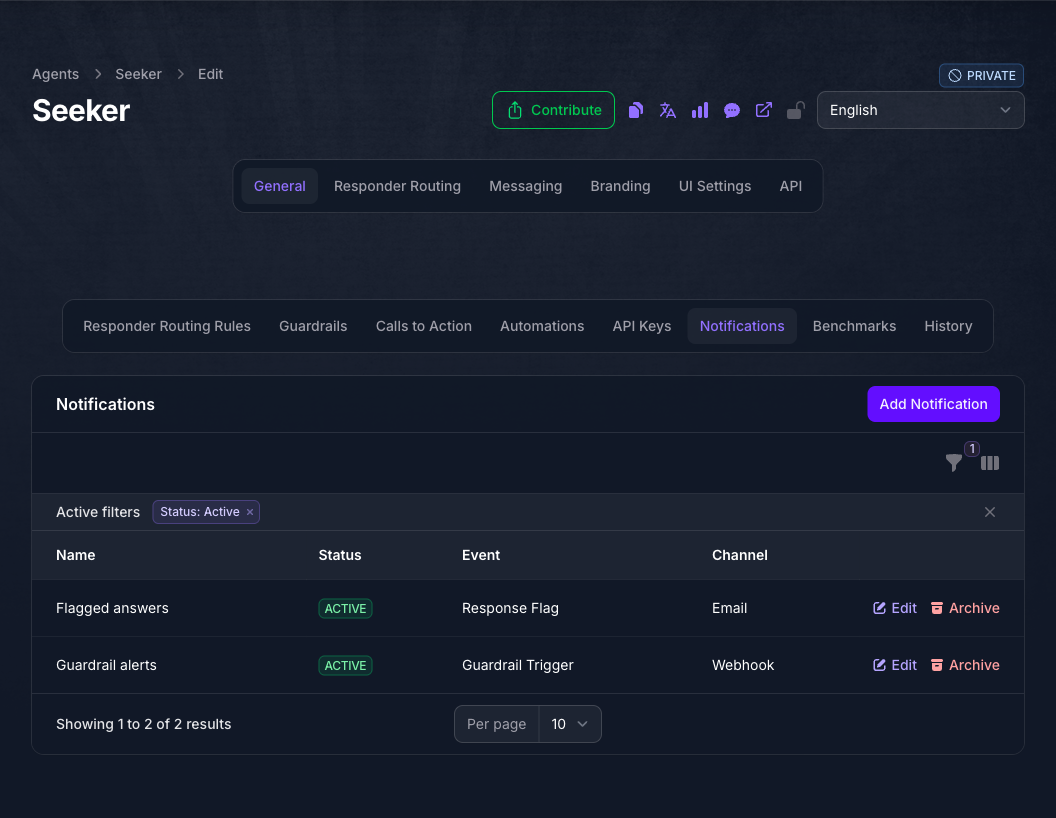 The Notifications panel on the Seeker Agent in Console, listing Flagged answers on Response Flag by email and Guardrail alerts on Guardrail Trigger by webhook, both marked Active, each with Edit and Archive actions.