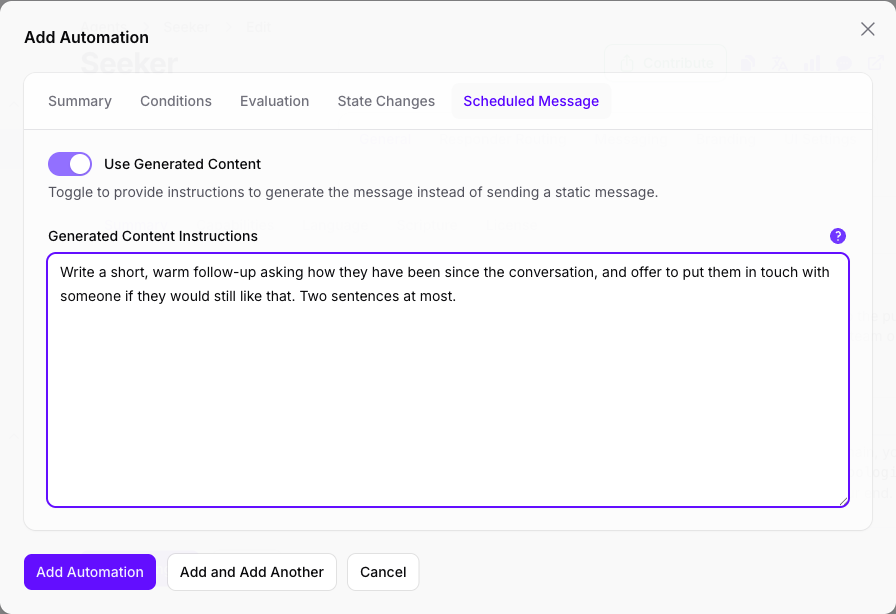 The Scheduled Message tab of the Add Automation dialog in Console with Use Generated Content turned on, showing the Generated Content Instructions field in place of the Message Content editor.