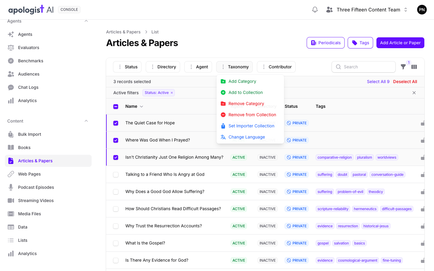 The Articles & Papers list in Console with three rows ticked, 3 records selected, and the Taxonomy menu open above the table offering Add Category, Add to Collection, Remove Category, Remove from Collection, Set Importer Collection and Change Language.