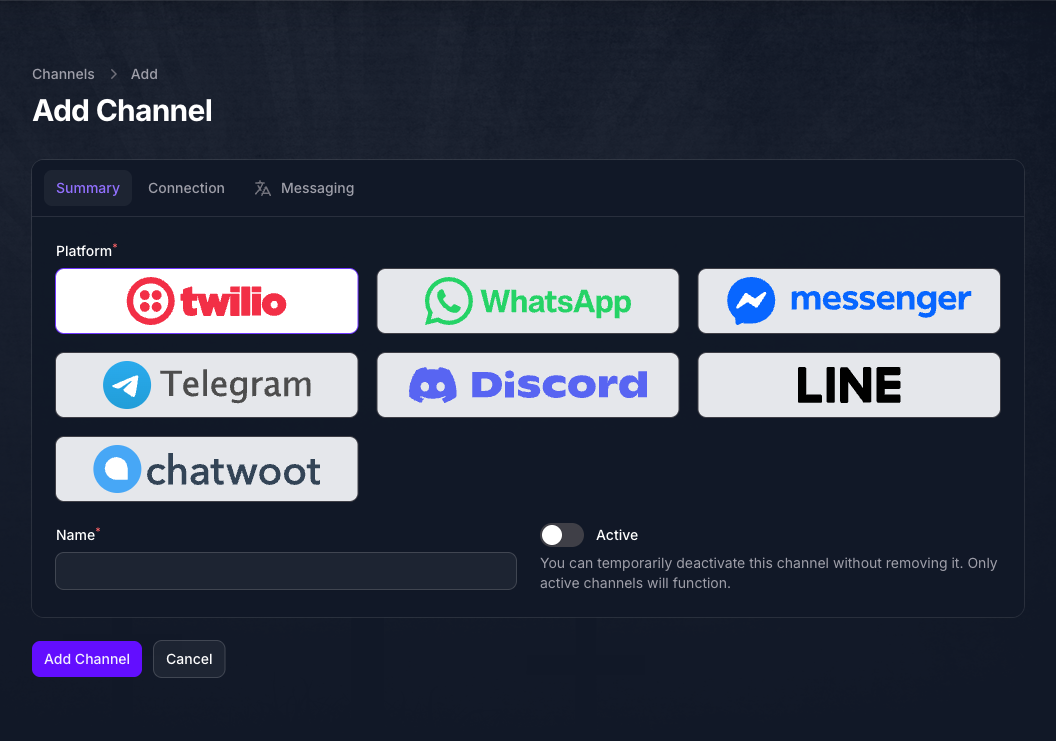 The Add Channel form in Console on the Summary tab, showing seven platform cards for Twilio, WhatsApp, Facebook Messenger, Telegram, Discord, LINE, and Chatwoot with Twilio selected, above an empty Name field and an Active toggle that is off.