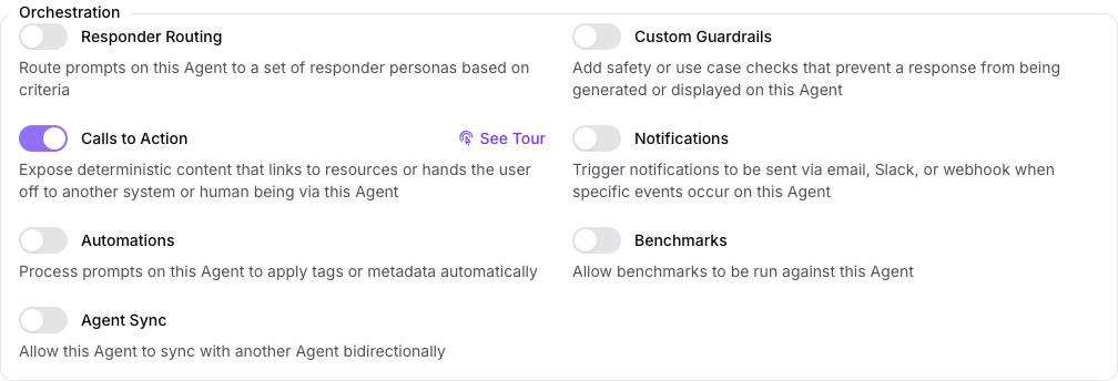The Orchestration group on the Capabilities tab of the Seeker Agent's General page in Console, with Calls to Action turned on and every other capability in the group turned off.