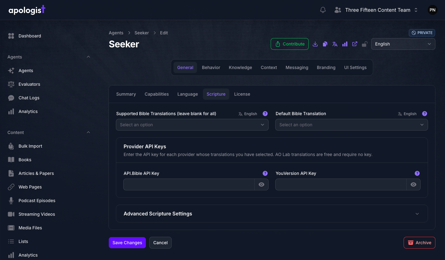The Scripture tab of the Seeker Agent's General page in Console, showing the Supported Bible Translations and Default Bible Translation fields each marked English, a Provider API Keys section with API.Bible and YouVersion key fields, and a collapsed Advanced Scripture Settings section.
