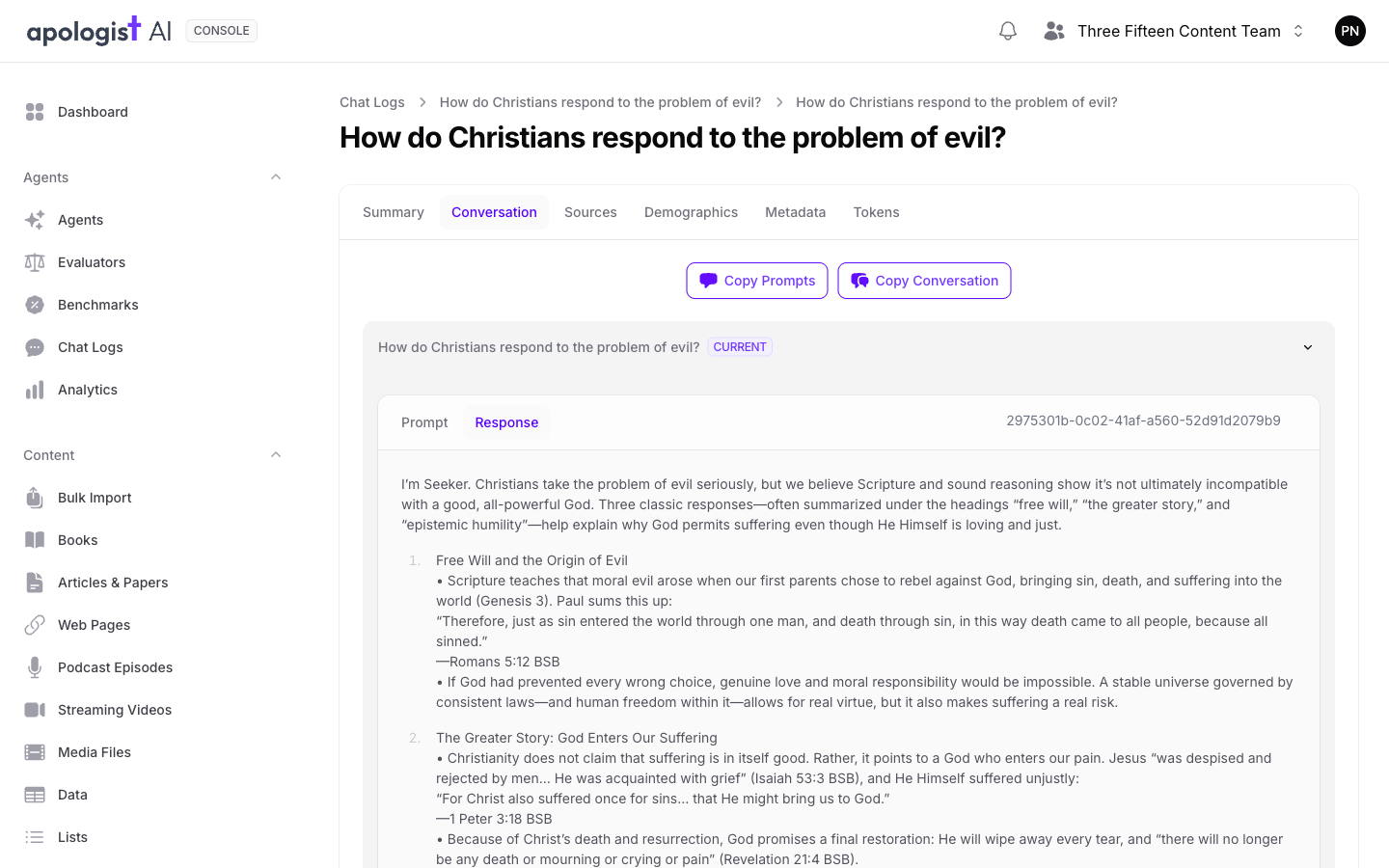 A single chat log in Console on its Conversation tab, showing the Agent's response to a question about the problem of evil, with the rest of the conversation collapsed below.