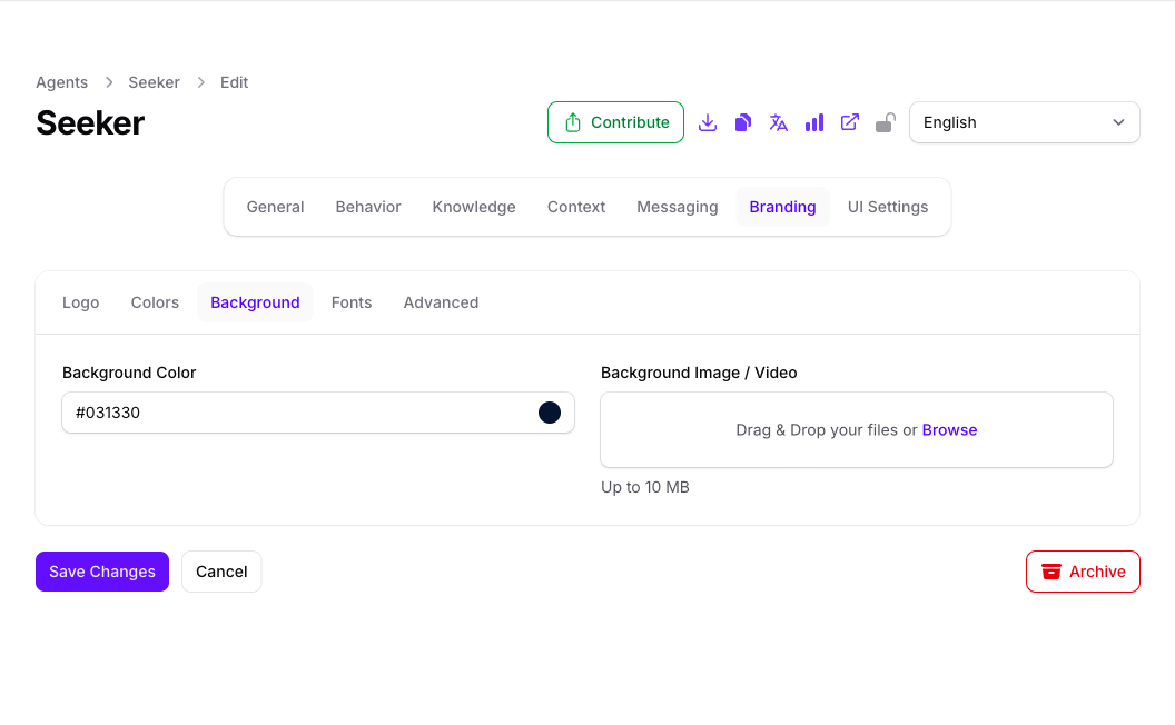 The Background tab of the Seeker Agent's Branding page in Console, showing a Background Color swatch set to a deep navy and an empty Background Image or Video upload field.
