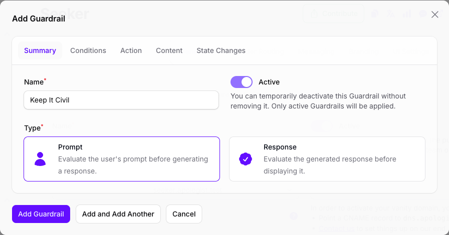 The Add Guardrail dialog in Console on its Summary tab, with the Name filled in as Keep It Civil, the Active toggle on, and Prompt selected beside Response in the Type deck.