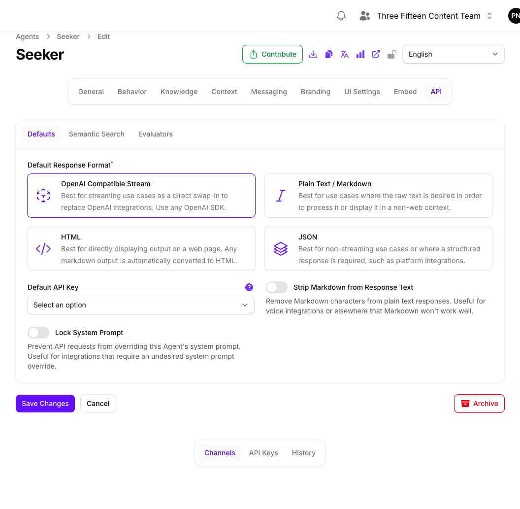 The Defaults tab of the Seeker Agent's API page in Console, showing the Default Response Format cards with OpenAI Compatible Stream selected, an unset Default API Key field, and the Strip Markdown from Response Text and Lock System Prompt toggles both off.