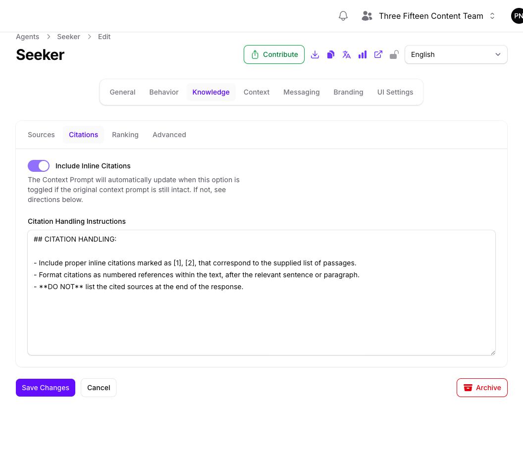 The Citations tab of the Seeker Agent's Knowledge page in Console, showing the Include Inline Citations toggle turned on and a Citation Handling Instructions field filled with the default CITATION HANDLING block.