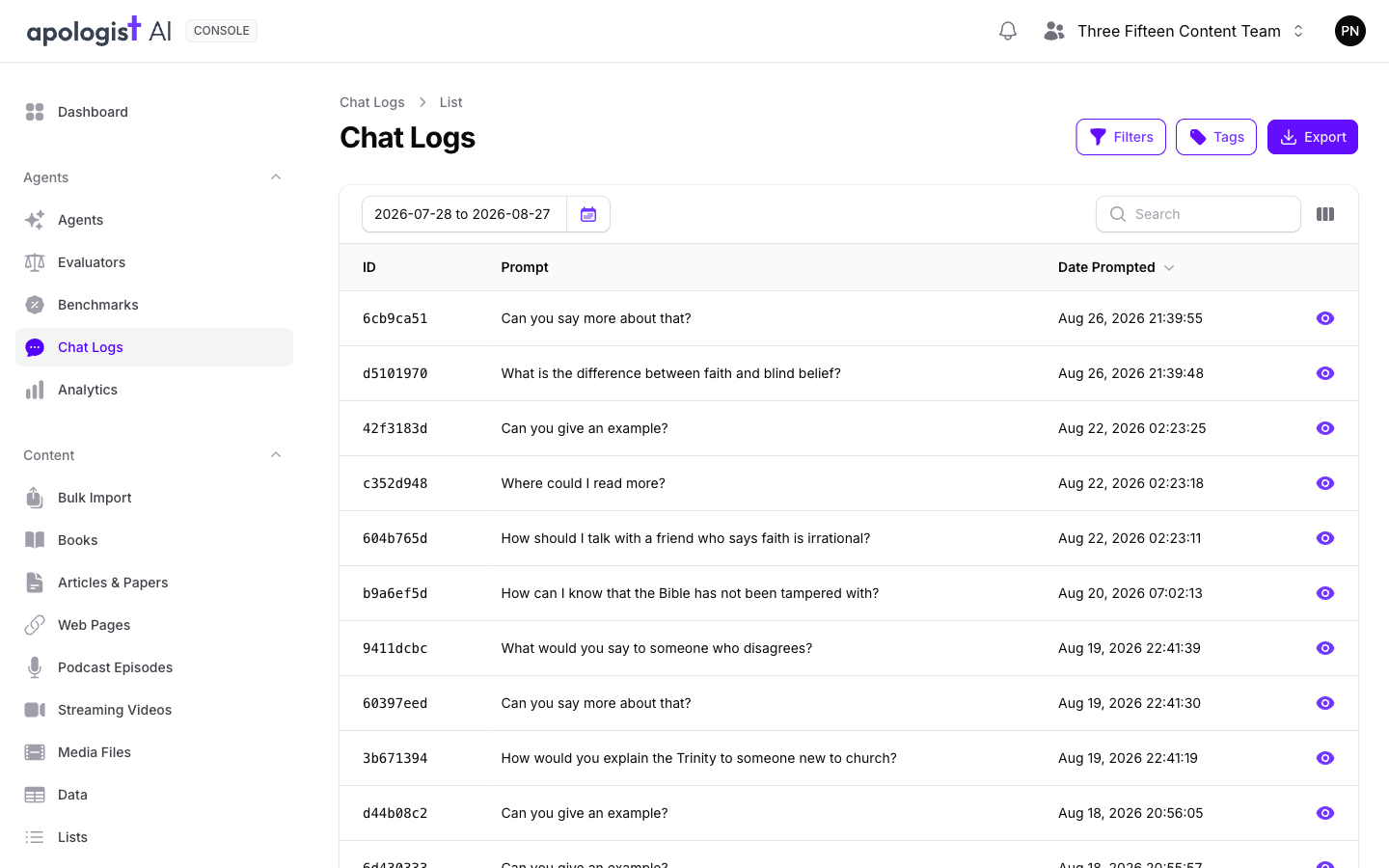 The Chat Logs list in Console showing 25 conversations with their ID, prompt text, and date prompted, filtered to a one-month date range.