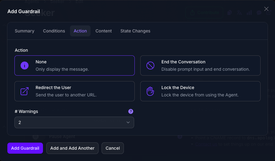 The Action tab of the Add Guardrail dialog in Console, with the number of warnings set to two below the four action cards, none of them yet selected.